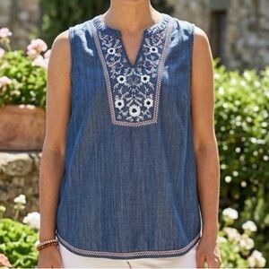 J. Jill Denim Petite L Embroidered Lyocell Tank Top Blue Boho Sleeveless PL EUC